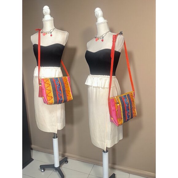 VTG Sharif Purse Multicolor Exotic Mixed Leather Crossbody Bag 80s USA Adjustabl - Picture 2 of 9